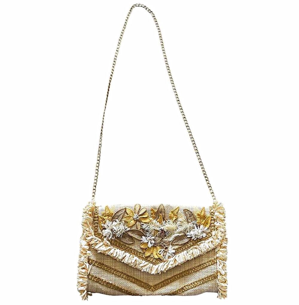Chico's Embellished Floral Straw Envelope Clutch Purse Crossbody Chain Strap